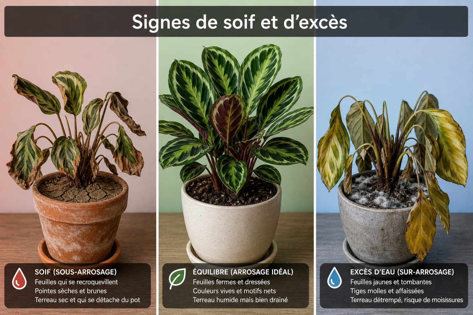 Triptyque en trois panneaux montrant à gauche un calathea aux pointes sèches et terre craquelée, à droite un calathea aux feuilles jaunes et terre moisie, au centre un calathea sain. Teintes de couleur rouge, bleue et verte, et texte superposé