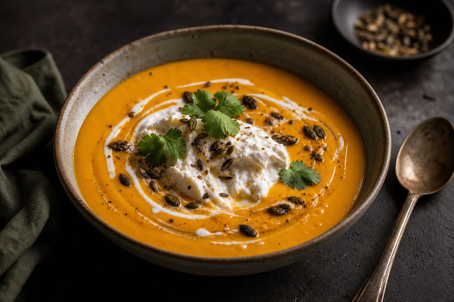 Velouté de potimarron orange vif dans un bol en céramique, surmonté de burrata fondante, de lait de coco, de graines de courge et de coriandre, avec une cuillère rouillée sur fond sombre.