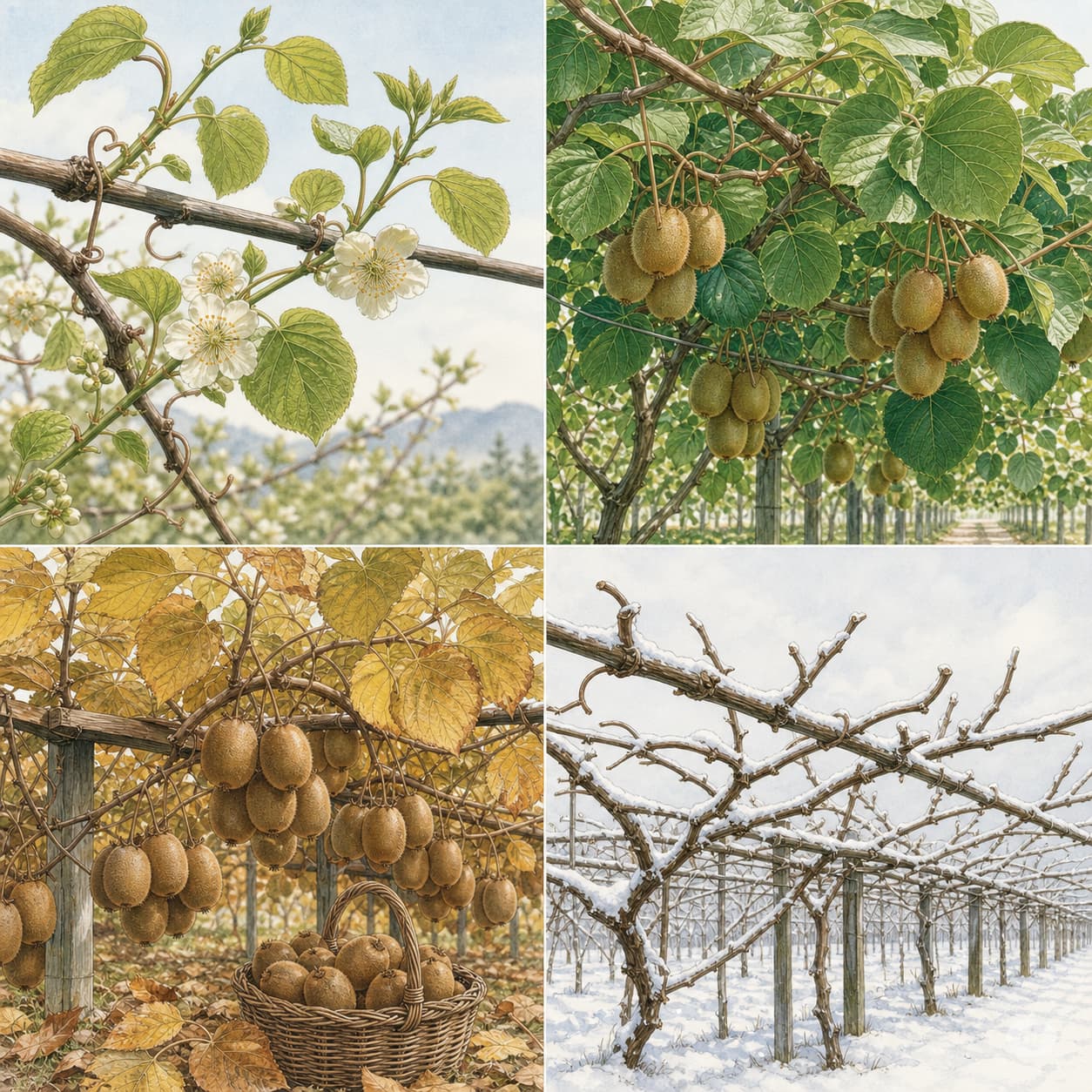 Quatre panneaux saisonniers montrent une vigne de kiwi au printemps avec des pousses vertes et des fleurs, en été avec un feuillage dense et des fruits en croissance, en automne avec des feuilles dorées et des kiwis mûrs, et en hiver avec des branches nues sous une légère neige, le tout dans un style d