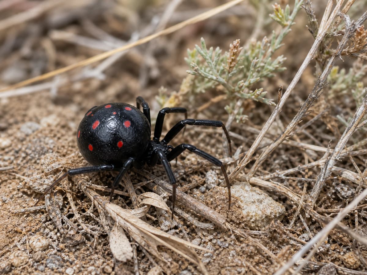 Gros plan sur une araignée noire présentant des taches rouges distinctives sur l