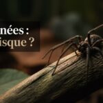 Araignée sombre au premier plan dans une ambiance naturelle, éclairée par une lumière contrastée et douce.