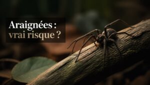 Araignée sombre au premier plan dans une ambiance naturelle, éclairée par une lumière contrastée et douce.