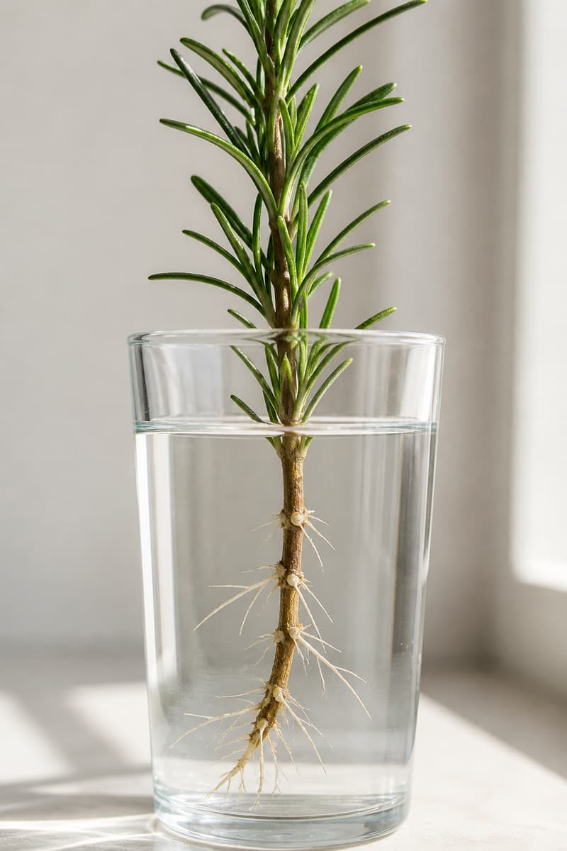 Bouture de romarin dans un verre transparent rempli d