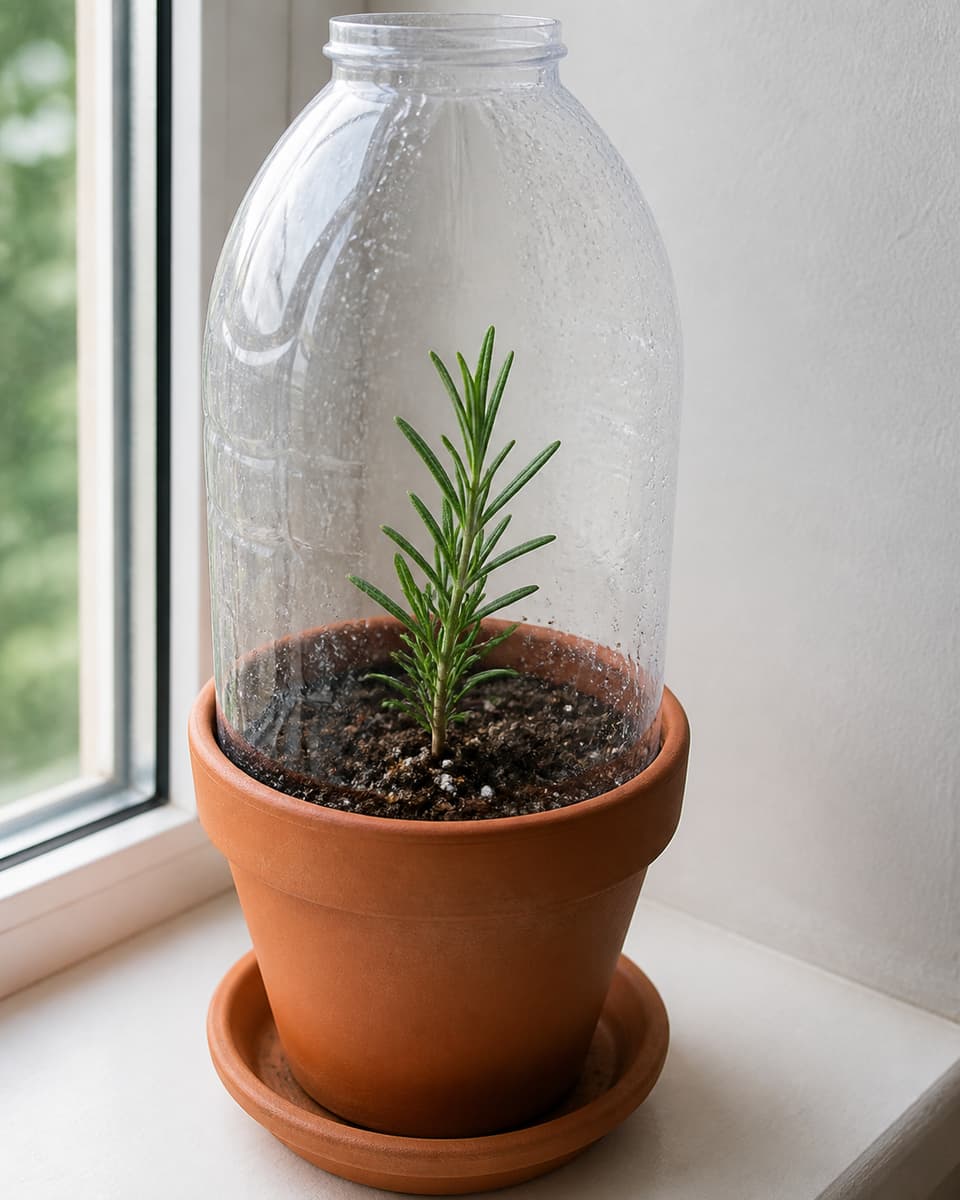 Petit pot en terre cuite contenant une bouture de romarin recouverte d