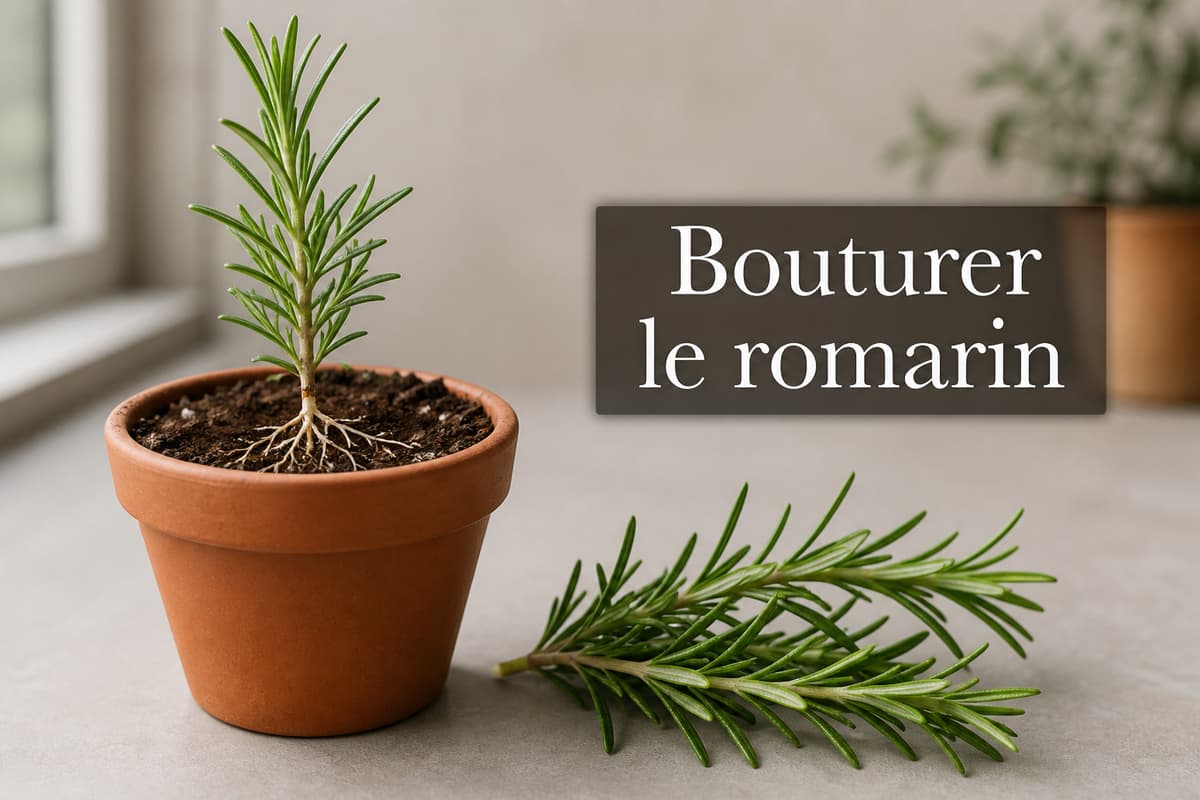 Jeune plant de romarin enraciné dans un petit pot en terre cuite, avec une bouture saine posée à côté, et le texte