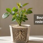 Jeune plant de rosier dans un pot ordinaire, avec des feuilles vertes et des racines saines visibles dans le substrat, sous une lumière douce, accompagné du texte « Bouture de rosier réussie » en surimpression.