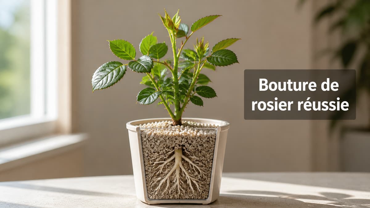 Jeune plant de rosier dans un pot ordinaire, avec des feuilles vertes et des racines saines visibles dans le substrat, sous une lumière douce, accompagné du texte « Bouture de rosier réussie » en surimpression.
