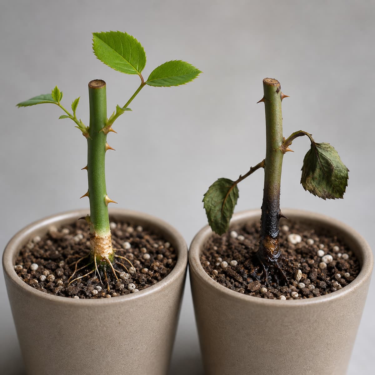 Deux boutures de rosier dans des pots identiques, l