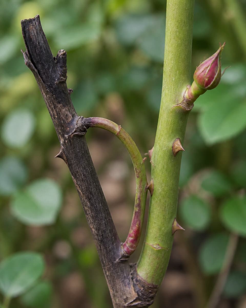 Gros plan sur une branche de rosier montrant une partie morte noircie, une tige verte saine avec un bourgeon orienté vers l’extérieur et un rameau poussant vers l’intérieur.