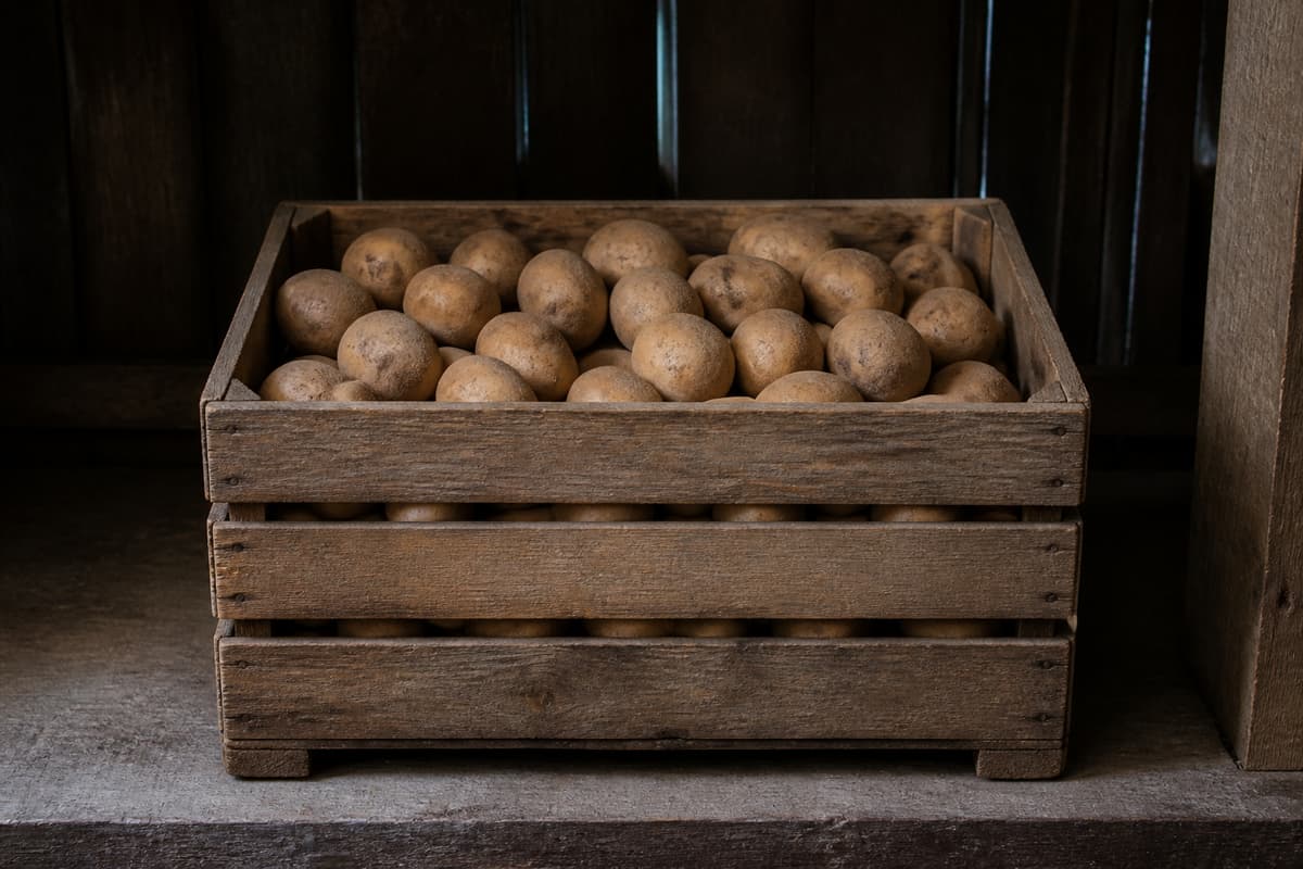 Cagette en bois ajourée remplie de pommes de terre non germées dans un endroit sombre.
