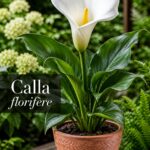Un calla blanc en fleur dans un pot en terre cuite, avec un feuillage vert lumineux et une spathe élégante, sur fond de jardin flouté. Texte 'Calla florifère' superposé.