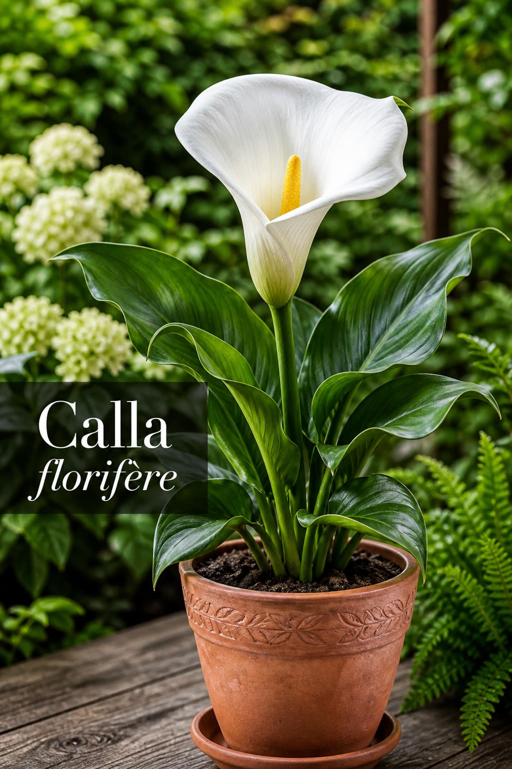 Un calla blanc en fleur dans un pot en terre cuite, avec un feuillage vert lumineux et une spathe élégante, sur fond de jardin flouté. Texte