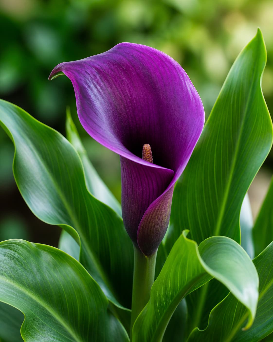 Un calla hybride à la spathe violet foncé et au feuillage vert sain, photographié en gros plan.