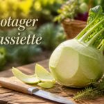 Chou-rave partiellement épluché sur une planche en bois rustique avec un couteau et des herbes fraîches, arrière-plan flou de potager, texte "Du potager à l'assiette" incrusté.