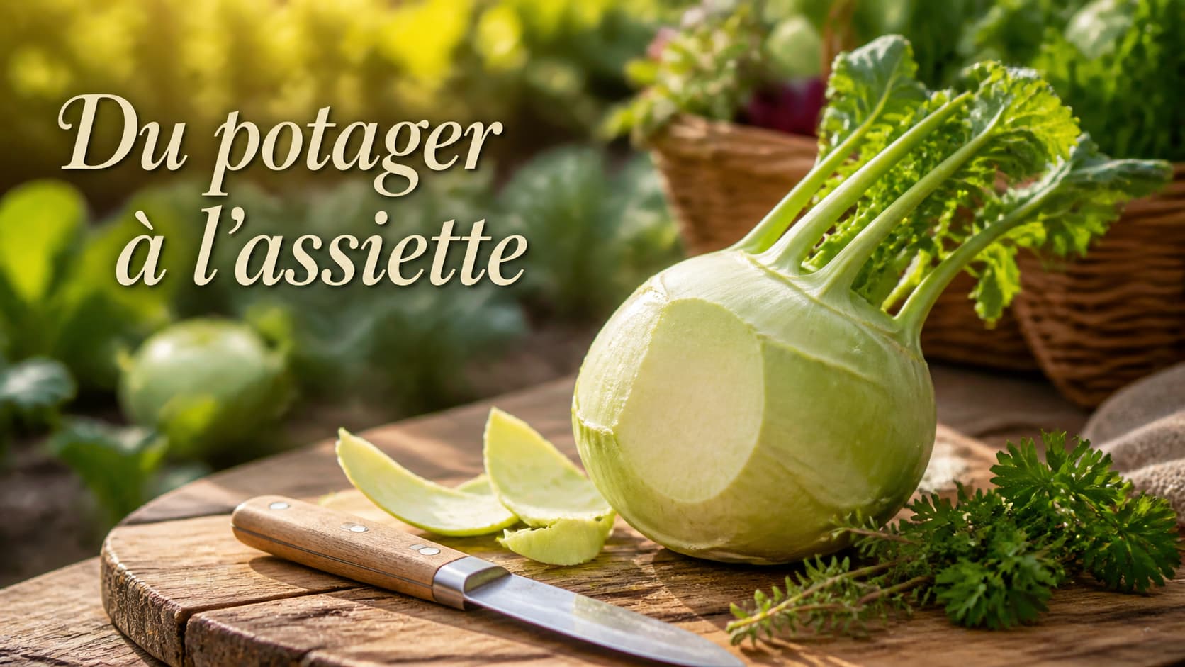 Chou-rave partiellement épluché sur une planche en bois rustique avec un couteau et des herbes fraîches, arrière-plan flou de potager, texte