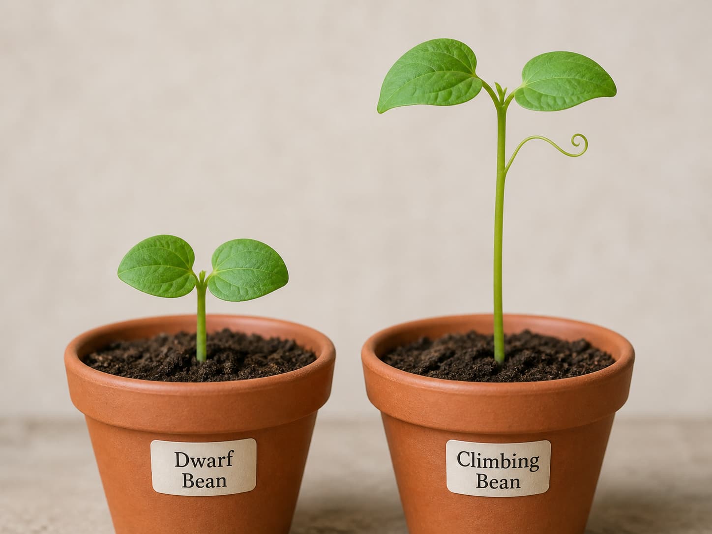 Deux jeunes plants de haricot en pots : à gauche, un plant de haricot nain à tige courte ; à droite, un plant de haricot grimpant à tige plus longue et vrille, tous deux avec des feuilles cotylédonaires similaires.
