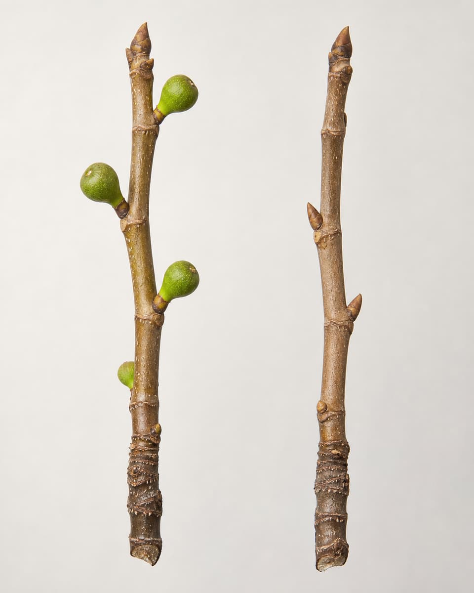 Deux rameaux de figuier posés côte à côte : celui de gauche porte de petites figues vertes précoces sur du bois d’un an, celui de droite n’en porte pas.