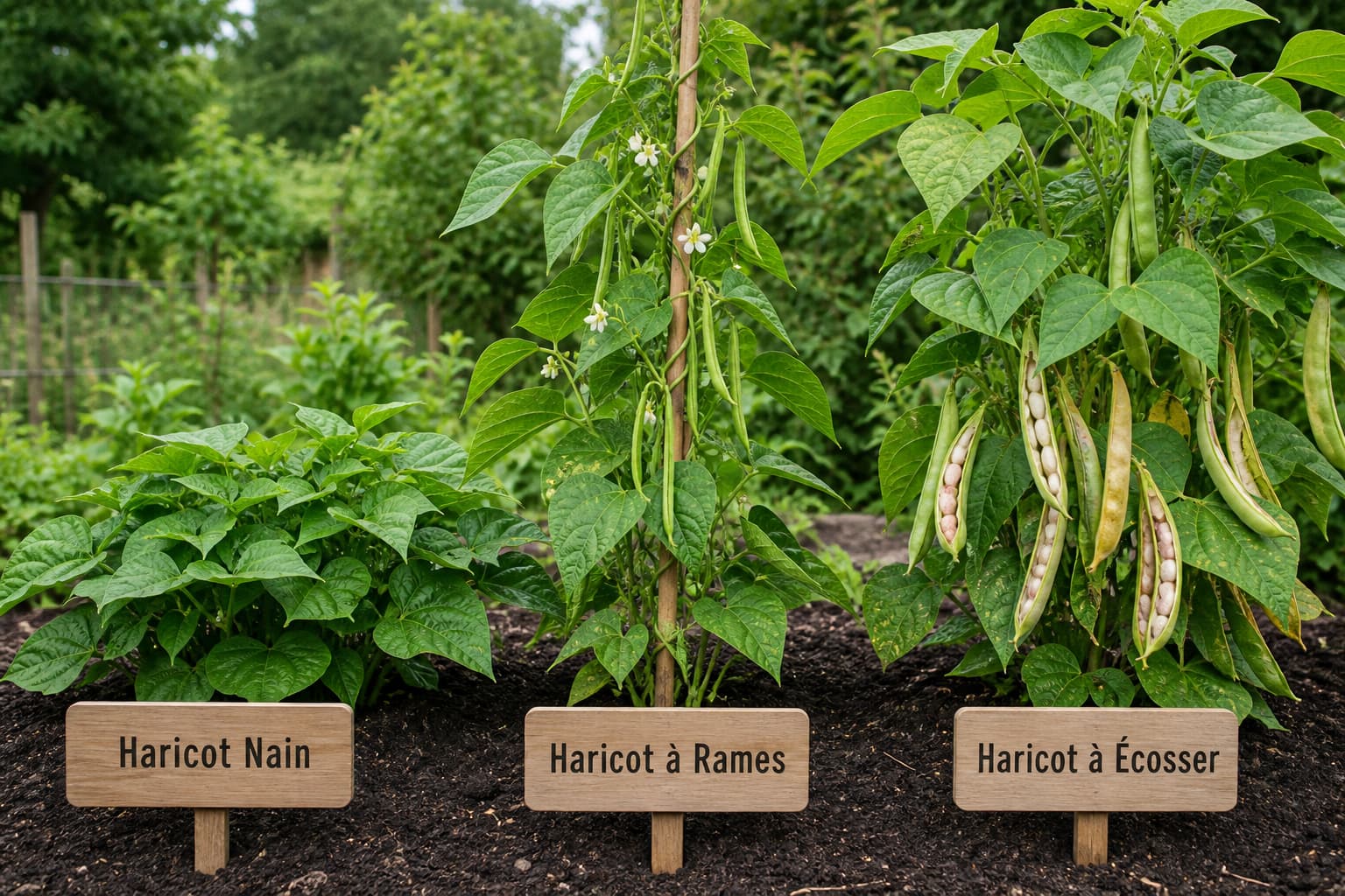 Trois types de plants de haricots alignés : un haricot nain buissonnant, un haricot à rames grimpant sur un tuteur, et des gousses à écosser épaisses, chacun identifié par une étiquette.