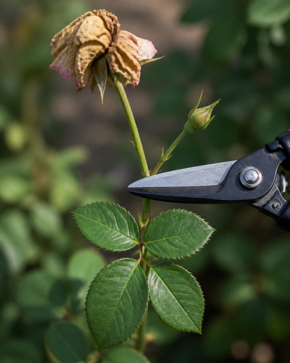 Gros plan sur une tige de rosier avec une fleur fanée, un sécateur positionné au-dessus d
