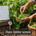 Récolte de haricots verts frais par un jardinier, avec un calendrier annoté, un thermomètre de sol et le texte 'Date limite semis' en surimpression.