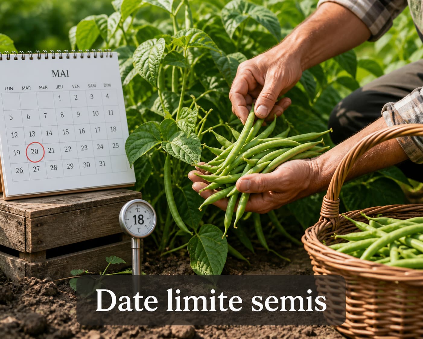 Récolte de haricots verts frais par un jardinier, avec un calendrier annoté, un thermomètre de sol et le texte 'Date limite semis' en surimpression.