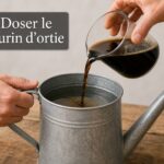 Gros plan sur des mains versant un liquide foncé de purin d'ortie dans un arrosoir de jardin rempli d'eau claire, avec le texte 'Doser le purin d'ortie' affiché en surimpression.