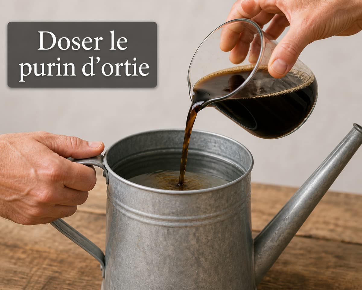 Gros plan sur des mains versant un liquide foncé de purin d