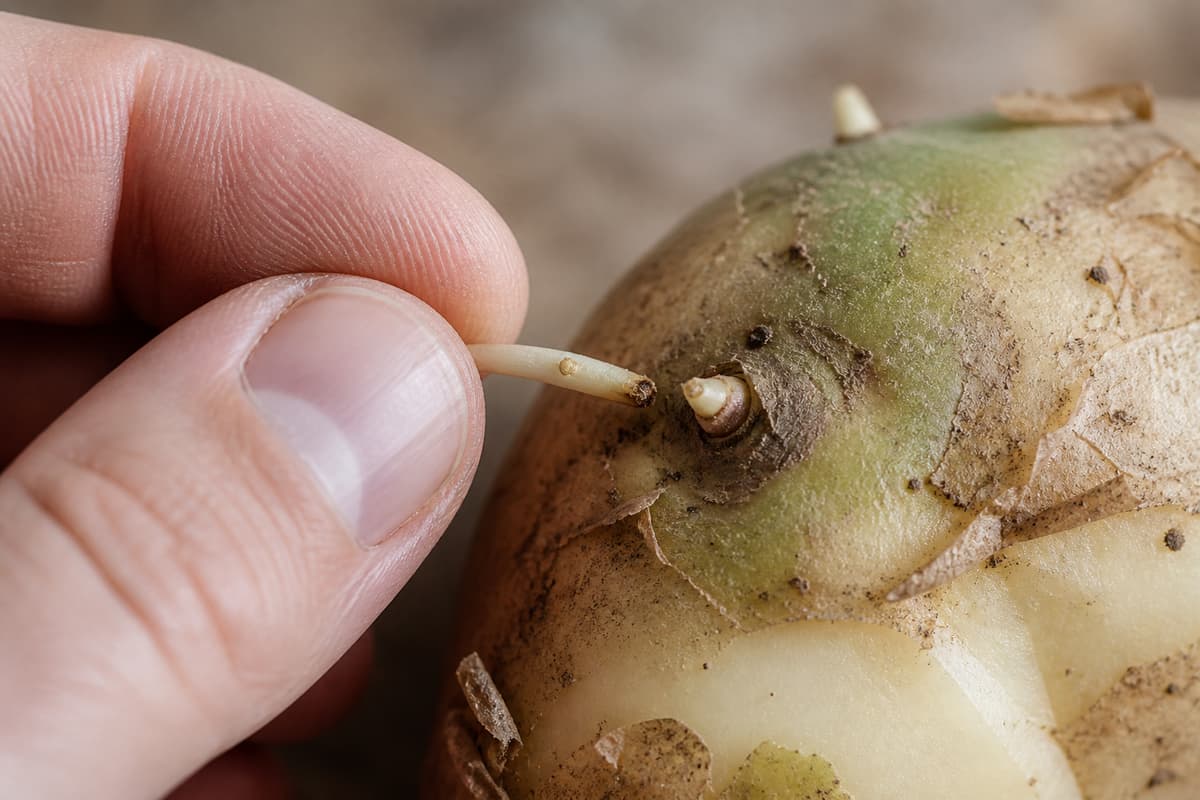 Gros plan sur une main cassant un germe de pomme de terre dont la base reste enfoncée dans l’œil, sur un tubercule partiellement épluché présentant une zone verte.