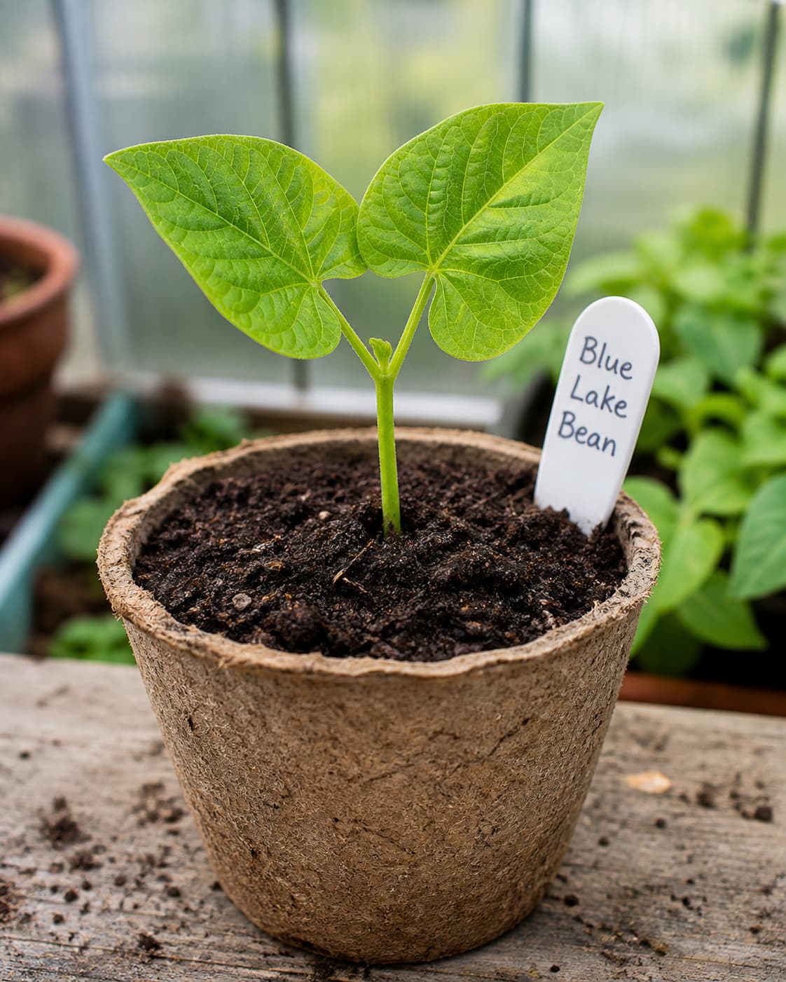 Jeune plant de haricot vert dans un godet de terreau humide avec une étiquette de variété, sur fond flou de serre.