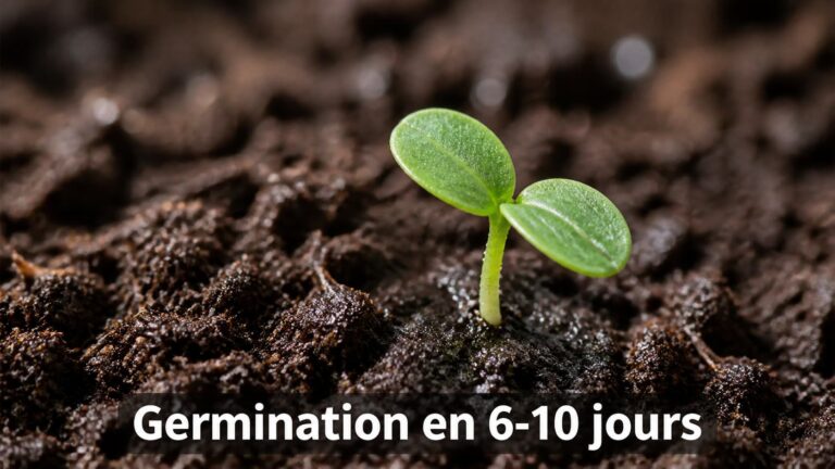 Jeune pousse de haricot vert émergeant d’un sol humide et meuble, avec le texte « Germination en 6-10 jours » affiché en surimpression.