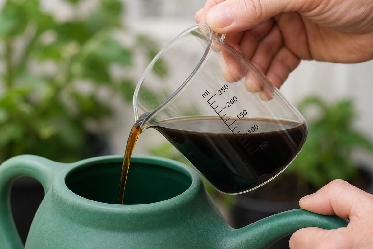 Mains versant avec précaution un liquide brun foncé depuis un récipient doseur gradué dans l