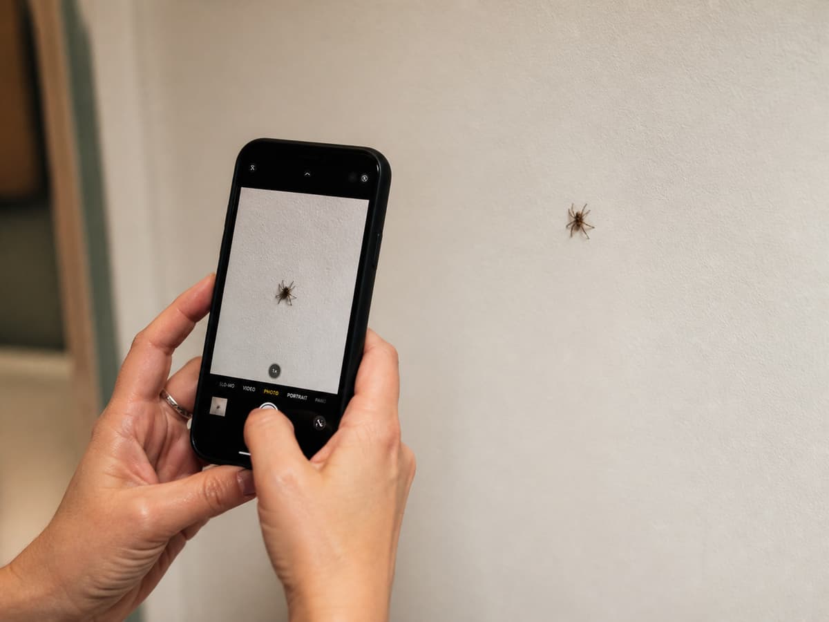 Une personne tient un smartphone pour photographier une araignée posée sur un mur ou au sol, en maintenant une distance de sécurité.