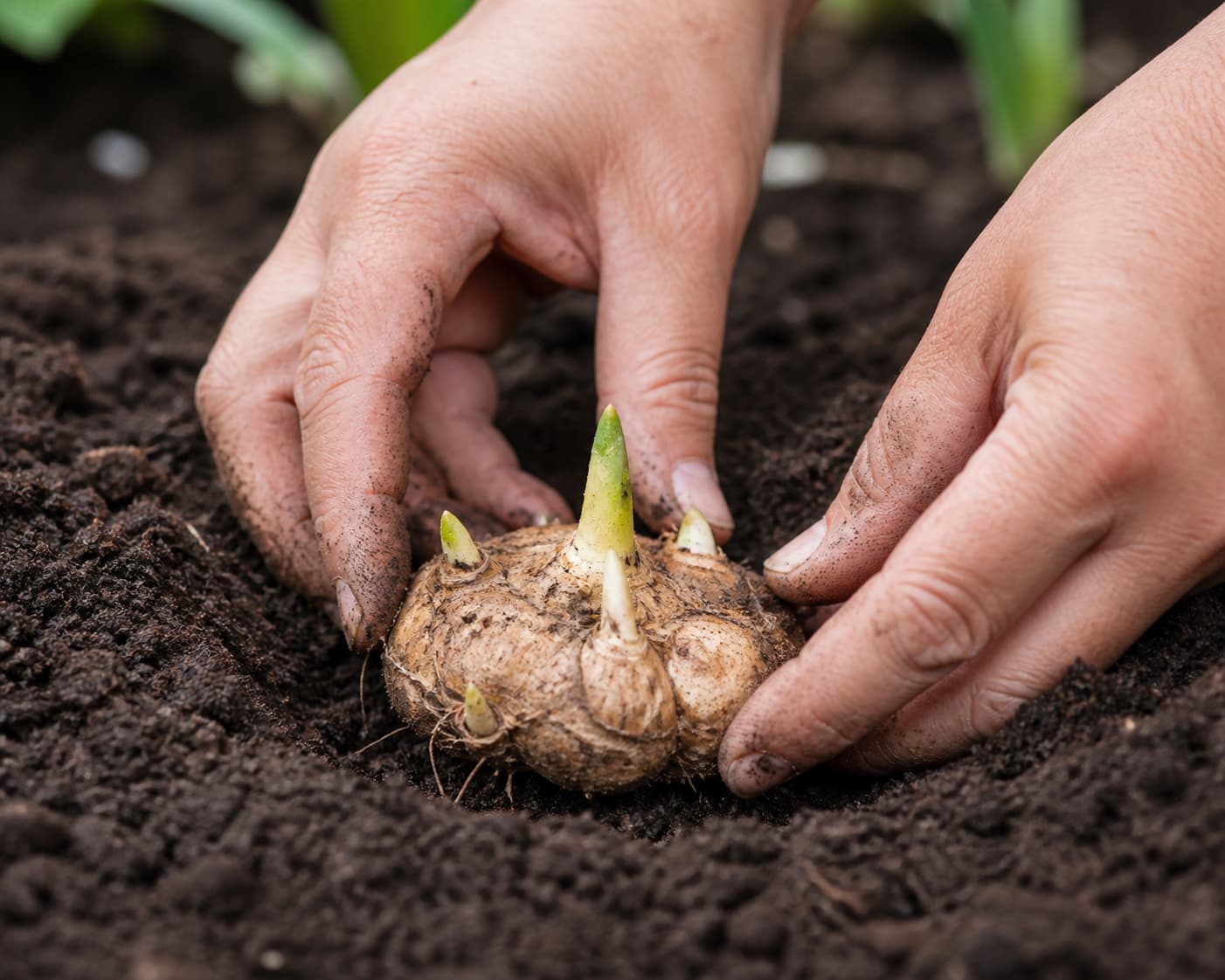 Gros plan sur des mains plantant un rhizome de calla dans un sol meuble, pointes orientées vers le haut et profondeur correcte.