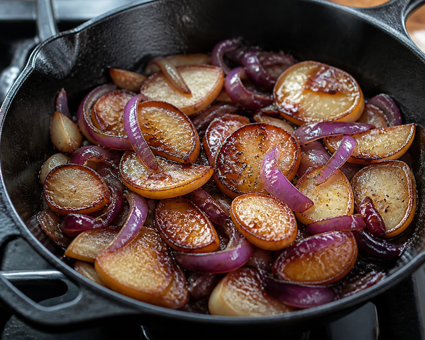 Poêle contenant des lamelles de chou-rave dorées et des oignons rouges, nappées d’un glaçage brillant au miel et vinaigre balsamique.