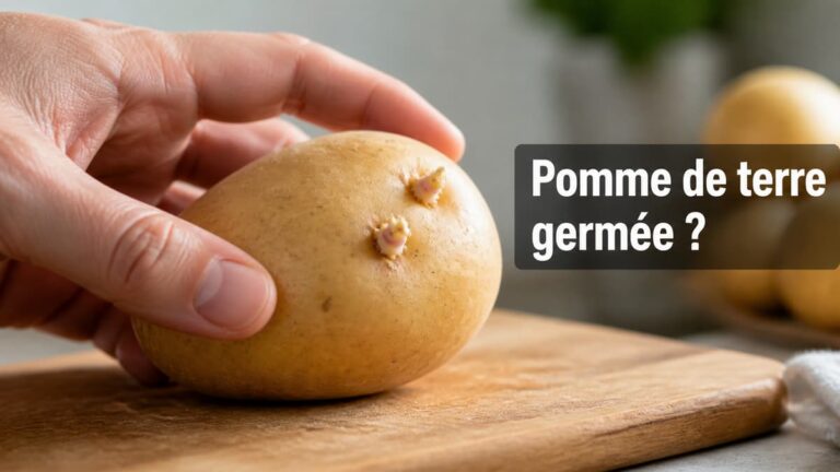 Main tenant une pomme de terre ferme avec deux petits germes sur une planche à découper, texte « Pomme de terre germée ? » visible.