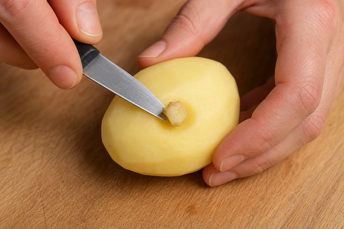 Gros plan sur deux mains utilisant la pointe d’un couteau d’office pour retirer un germe et sa base de l’œil d’une pomme de terre épluchée, posée sur une planche à découper.