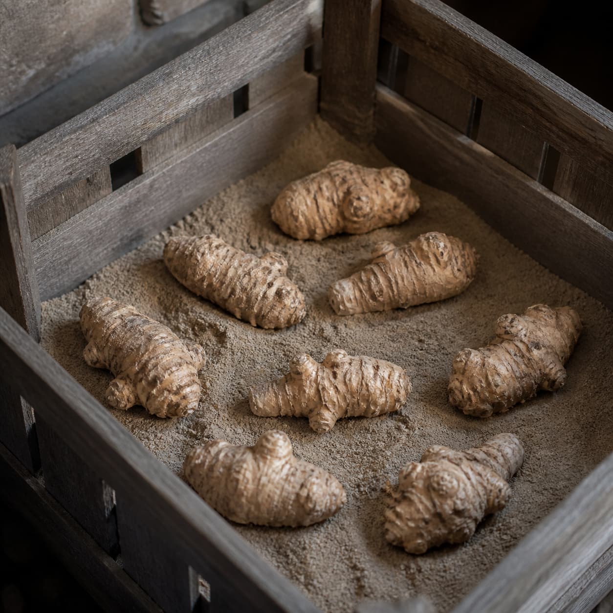 Des rhizomes de calla sains et secs placés dans une caisse en bois avec du sable, dans un local frais.