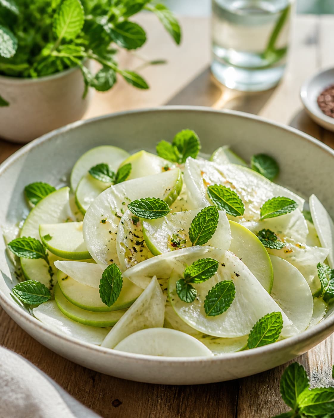 Un bol de salade composée de lamelles de chou-rave, de pomme verte et de feuilles de menthe, arrosée d