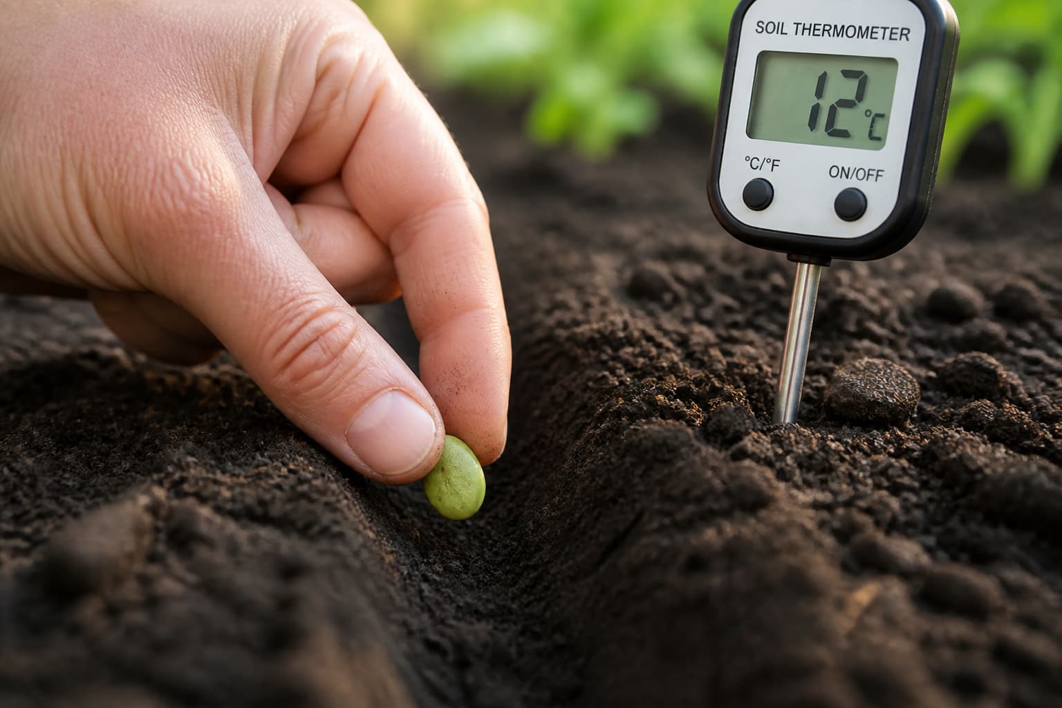 Une main dépose une graine de haricot dans une tranchée de terre meuble, à côté d'un thermomètre de sol affichant plus de 10°C.