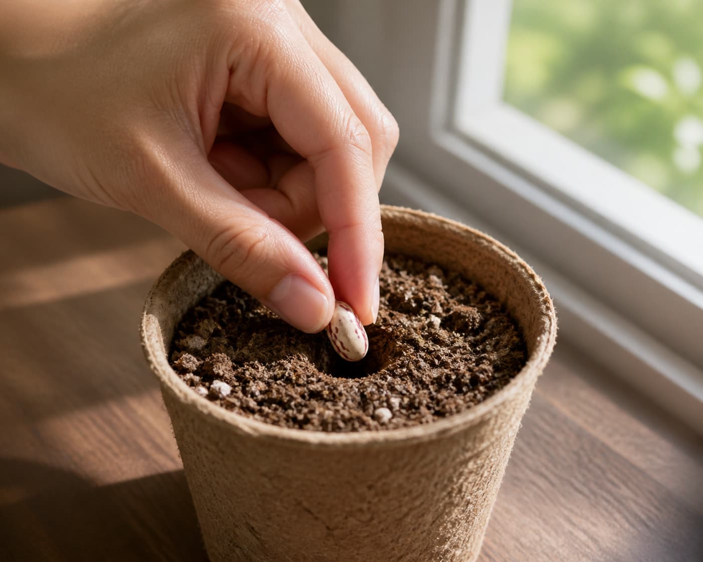 Gros plan sur une main plaçant une graine de haricot dans un godet biodégradable rempli de terreau, avec une fenêtre en arrière-plan suggérant un intérieur lumineux.