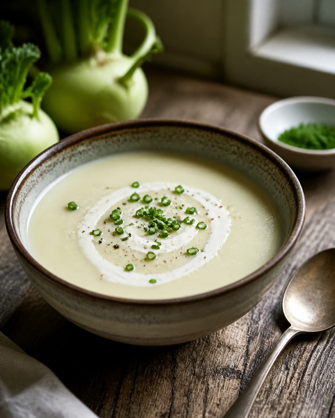 Bol de soupe veloutée de chou-rave, crème et ciboulette, avec une cuillère sur une table en bois.