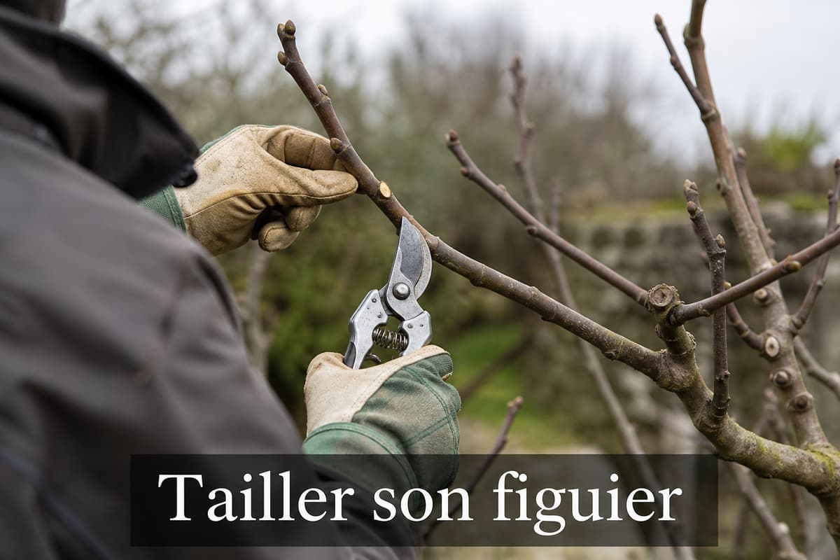Un jardinier taille une branche de figuier dormant avec un sécateur, le figuier montrant des bourgeons fermés et aucune feuille, avec le texte