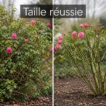 Rosier buisson avant et après taille, montrant une forme ouverte avec des coupes nettes au-dessus de bourgeons extérieurs, et le texte 'Taille réussie' superposé.