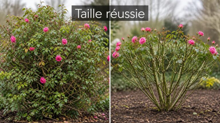 Rosier buisson avant et après taille, montrant une forme ouverte avec des coupes nettes au-dessus de bourgeons extérieurs, et le texte 'Taille réussie' superposé.