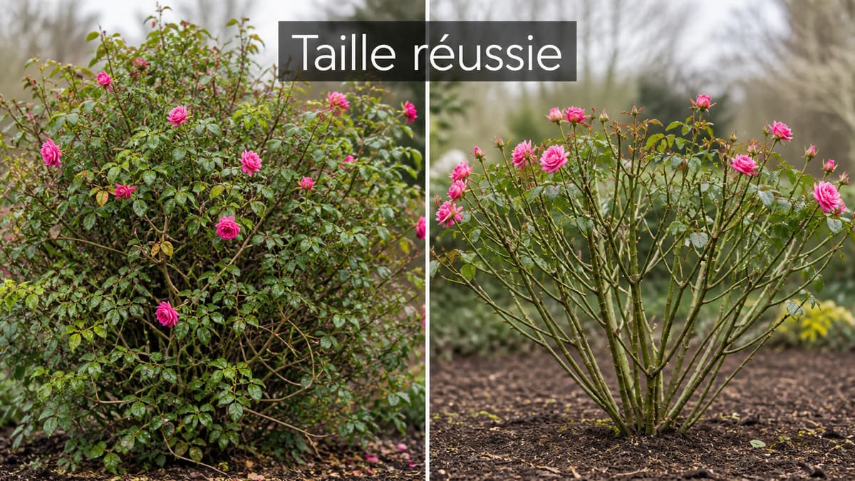 Rosier buisson avant et après taille, montrant une forme ouverte avec des coupes nettes au-dessus de bourgeons extérieurs, et le texte