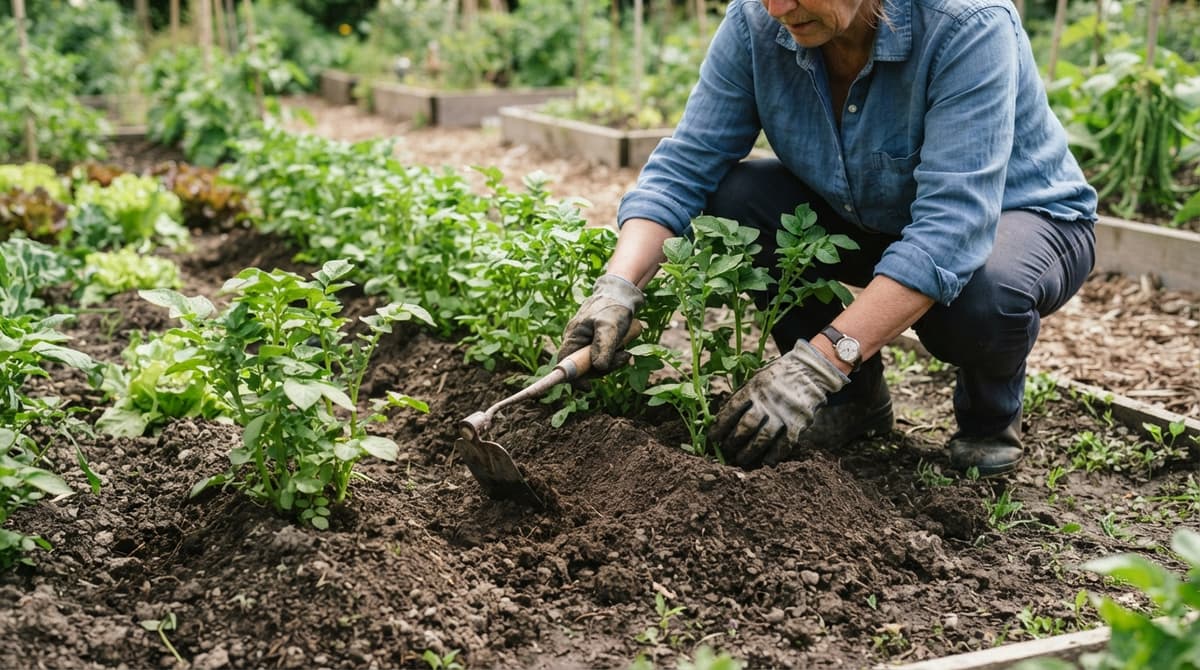 Jardinier ramenant de la terre autour des tiges de plants de pommes de terre levés pour former une butte, à l'aide d'un outil de jardinage simple.