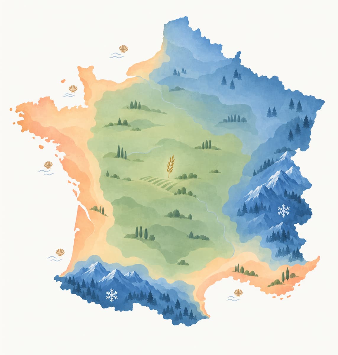 Carte de France stylisée avec des zones climatiques colorées, des repères de littoral doux, de plaine tempérée et de relief frais.
