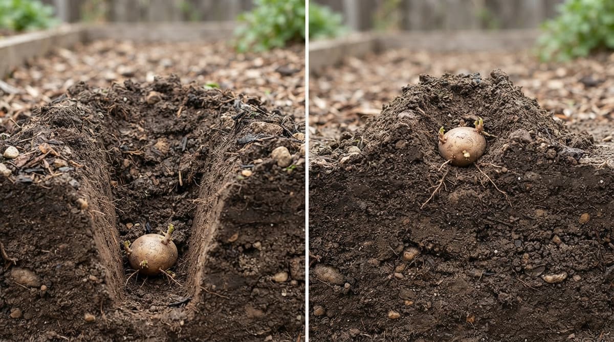 Deux vues en coupe d'un sol de jardin montrent à gauche un plant de pomme de terre au fond d'une tranchée et à droite un plant recouvert par une butte de terre, illustrant deux profondeurs de plantation.