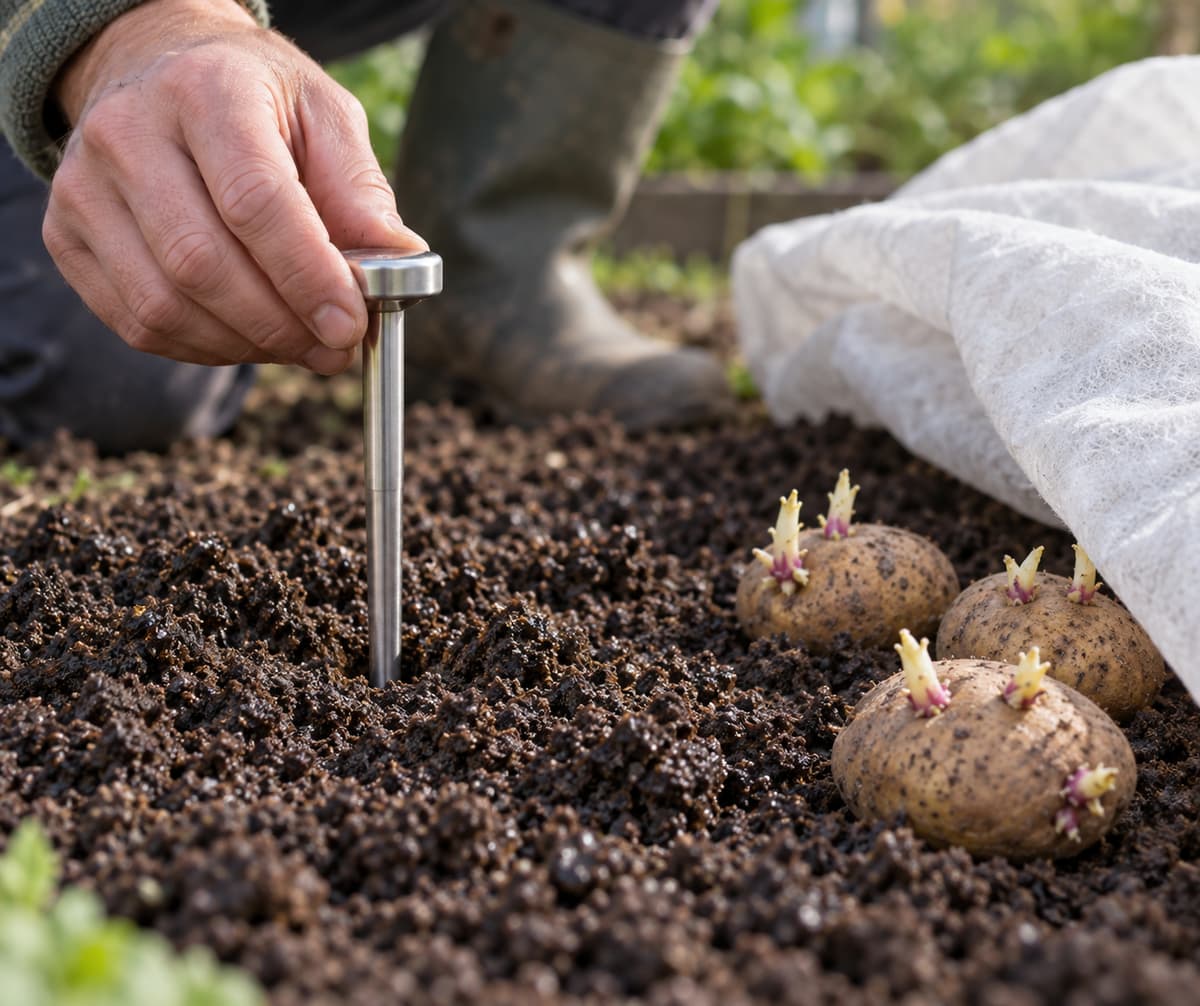Un jardinier contrôle un thermomètre planté dans une terre grumeleuse, avec des tubercules de pommes de terre aux germes courts et un voile de protection plié à proximité.