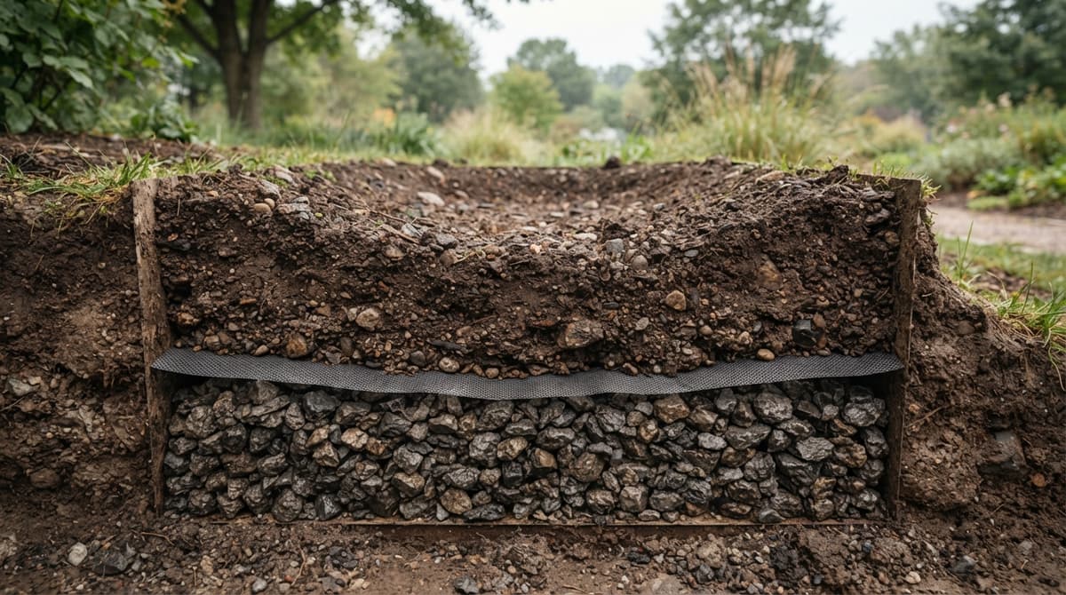 Couches drainantes d'un jardin de pluie en coupe
